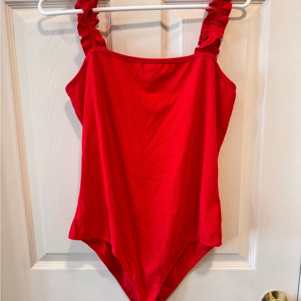 Red Ruffled Strap Bodysuit leotard - Picture 3 of 4